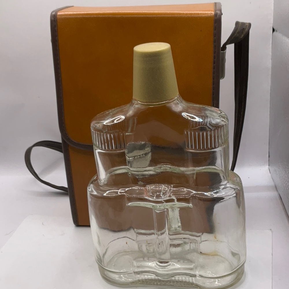 Vintage Glass Whisky Liquor Flask With Brown Leather Case and Shot Glass Cap